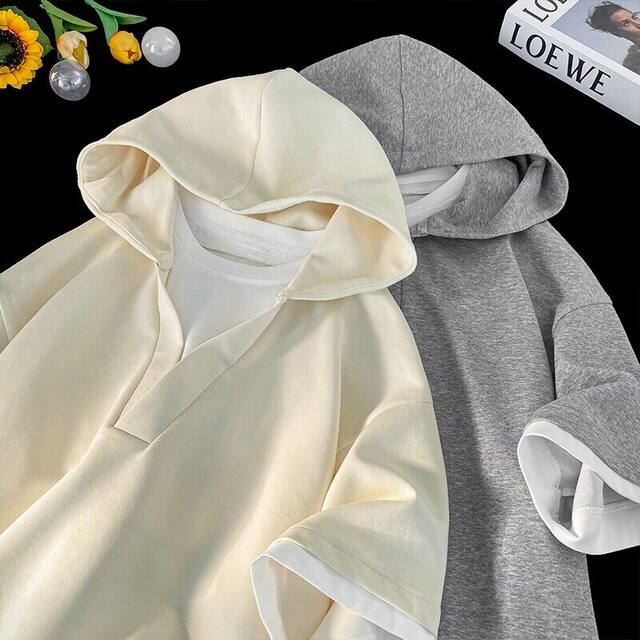 Men's T-shirt regular new classic top printed summer short-sleeved mid-high neck design hooded T-shirt