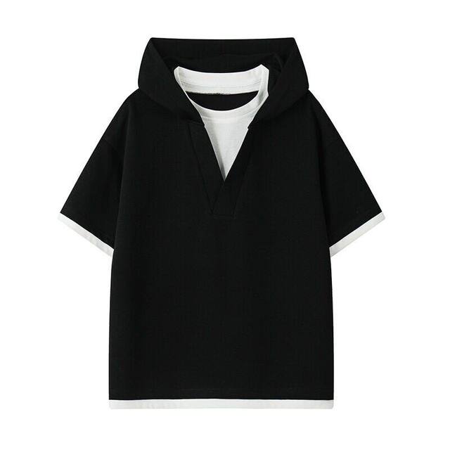 Men's T-shirt regular new classic top printed summer short-sleeved mid-high neck design hooded T-shirt