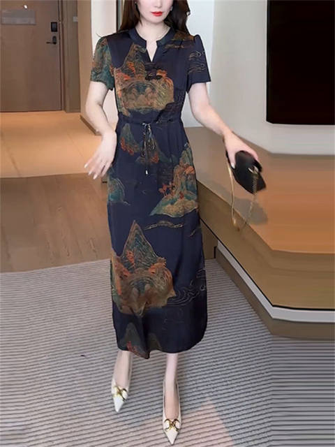 High-end new Chinese style printed short-sleeved dress for women 2024 summer new V-neck lace-up slim skirt