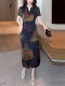 High-end new Chinese style printed short-sleeved dress for women 2024 summer new V-neck lace-up slim skirt