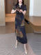 High-end new Chinese style printed short-sleeved dress for women 2024 summer new V-neck lace-up slim skirt