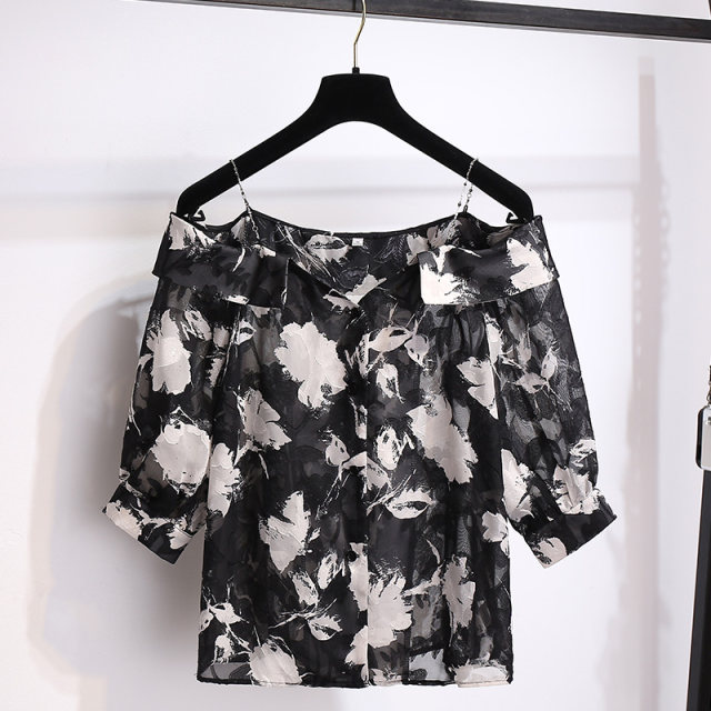 Black suspender one-length neck off-shoulder three-quarter sleeve shirt for women 2025 summer new chiffon floral short top