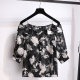 Black suspender one-length neck off-shoulder three-quarter sleeve shirt for women 2025 summer new chiffon floral short top