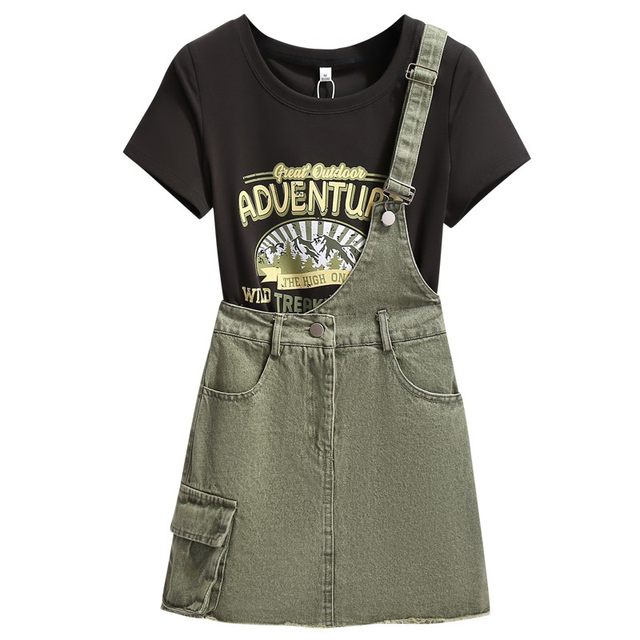 Denim single shoulder strap short-sleeved T-shirt dress for women's suit 2025 summer new half-length skirt small
