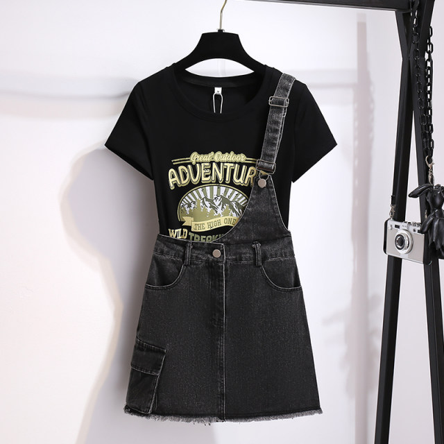 Denim single shoulder strap short-sleeved T-shirt dress for women's suit 2025 summer new half-length skirt small