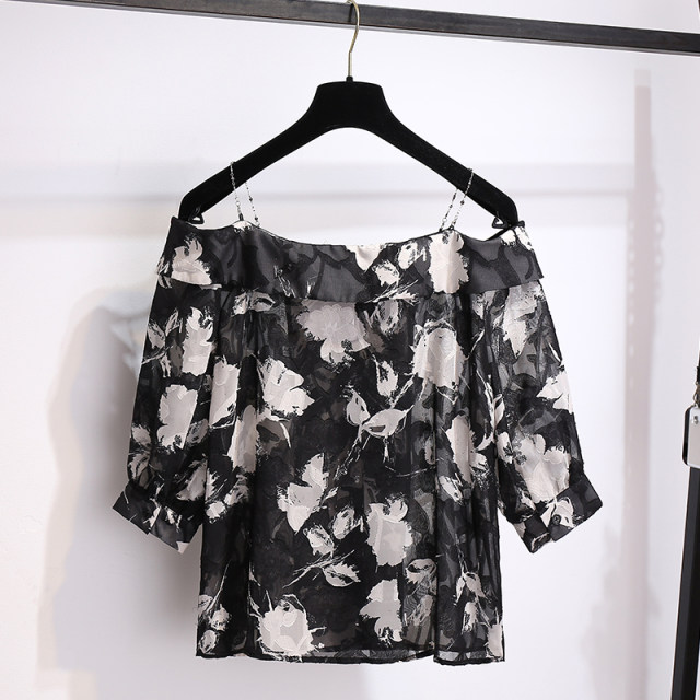 Black suspender one-length neck off-shoulder three-quarter sleeve shirt for women 2025 summer new chiffon floral short top