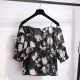 Black suspender one-length neck off-shoulder three-quarter sleeve shirt for women 2025 summer new chiffon floral short top