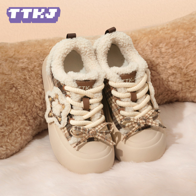 TTKJ Plus Velvet Fat Star Shoes Women's Shoes 2025 Winter New Big Toe Thick Soled Fur Board Shoes Snow Boots Warm Cotton Shoes