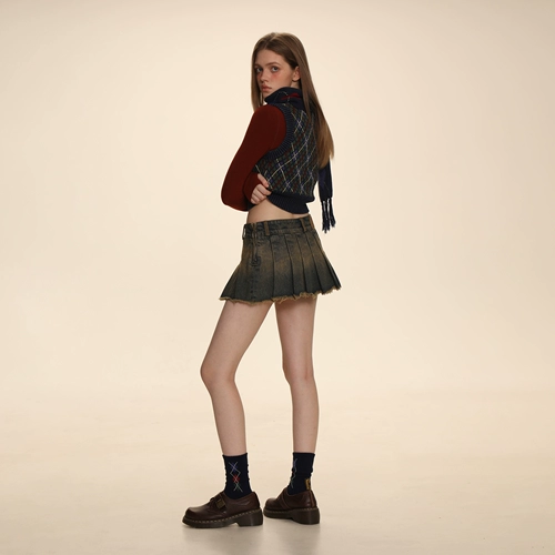 Джинсовая ретро юбка в складку, мини-юбка, А-силуэт