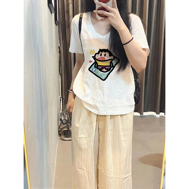 White front shoulder short sleeves large size women's fat mm loose T-shirt for women 2025 new bamboo joint cotton v-neck top summer women's clothing
