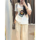 White front shoulder short sleeves large size women's fat mm loose T-shirt for women 2025 new bamboo joint cotton v-neck top summer women's clothing
