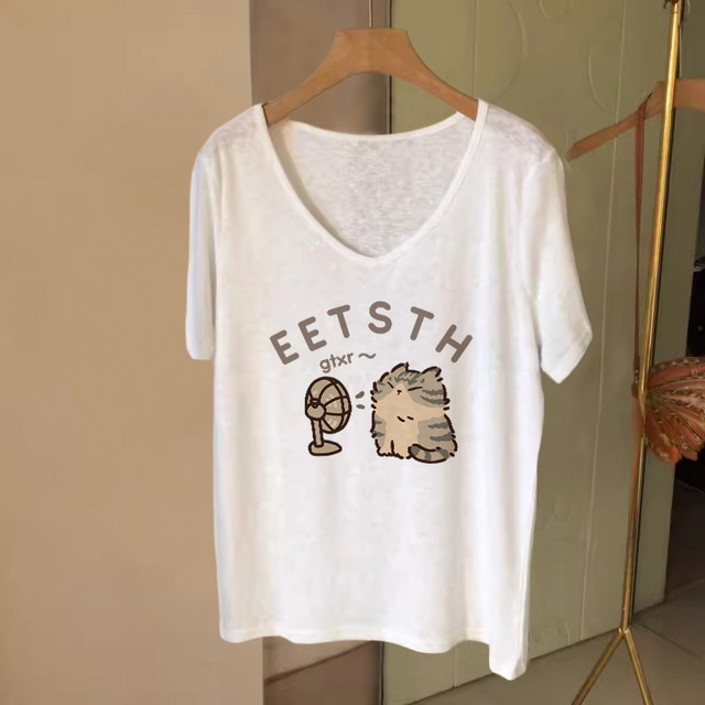 Summer large-size women's fashion brand pure cotton white short-sleeved T-shirt for women 2024 new V-neck casual slim-covering top
