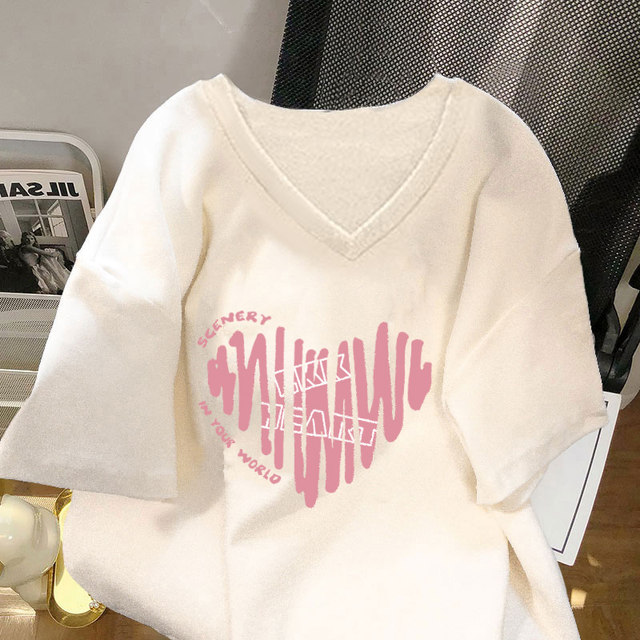 Summer white T -shirt loose tide brand women's thin cotton V -neck short -sleeved fat mm covered belly, hidden meat large size women's clothing
