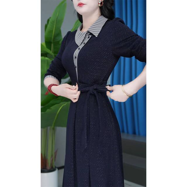 High-end long-sleeved dress for women 2025 autumn new fashion design sense spliced ​​POLO collar mid-length skirt