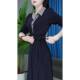 High-end long-sleeved dress for women 2025 autumn new fashion design sense spliced ​​POLO collar mid-length skirt