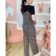 Fashionable spliced ​​striped top straight pants two-piece set for women's 2025 summer new high-end style slimming suit