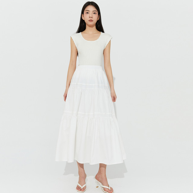 VIVICATHY2025 Summer Gentle Sweet A-line White Slim Elastic Waist Spliced ​​Skirt
