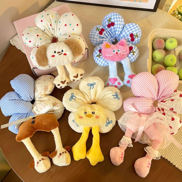 Cute cartoon fun flower large intestine hair tie for women high-end cotton-filled three-dimensional puppy headband little yellow duck hair tie for women