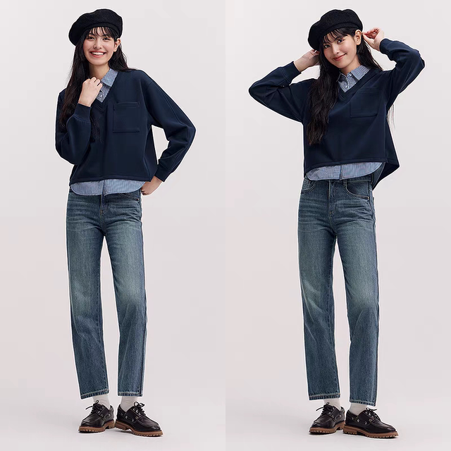 Senro Cotton Shopping Mall same style Senma sweatshirt for women fake two-piece stripes 2025 new spring suit 101125116005
