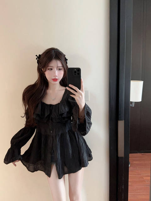 French style ruffled square collar flared sleeve design sweet mid-length chiffon shirt sunscreen for girls summer
