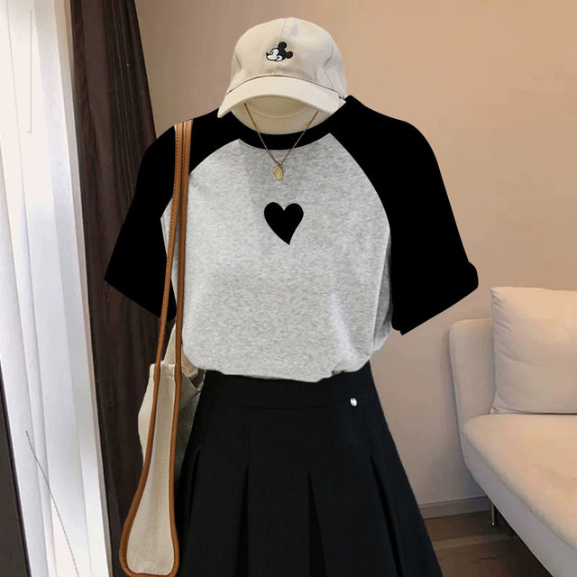 
Pure cotton round neck loose gray short-sleeved T-shirt for women 2025 new summer contrasting ragdoll sleeves retro versatile top