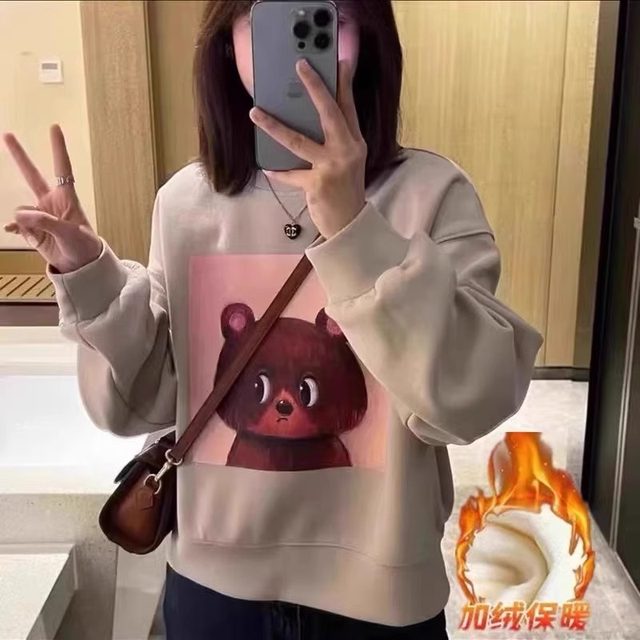 Cartoon printed short velvet sweatshirt for women 2025 spring, autumn and winter new loose slim and thickened casual top trendy