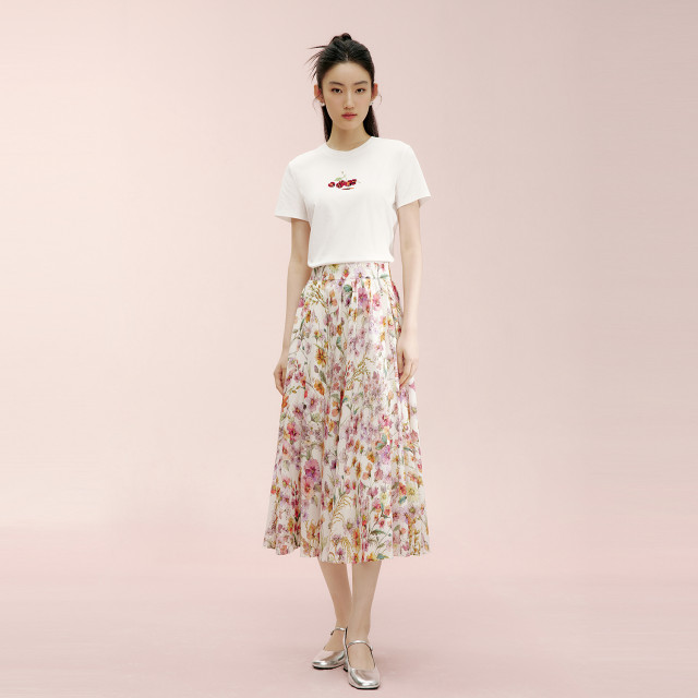 Langzi Group LIME Rhine round neck simple white T-shirt 25 summer pure cotton elastic embroidered cherry pattern short sleeves