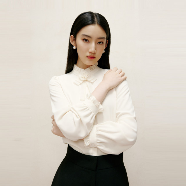Langzi Group Lime Rhine Lacey Little Littarian Shirt Rice White Spring Half -neck Stereo Stereo Long Sleeve Jacket

