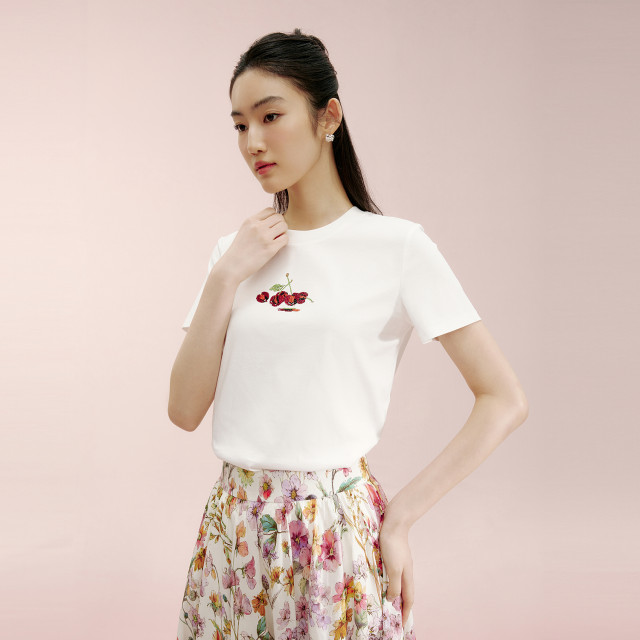Langzi Group LIME Rhine round neck simple white T-shirt 25 summer pure cotton elastic embroidered cherry pattern short sleeves