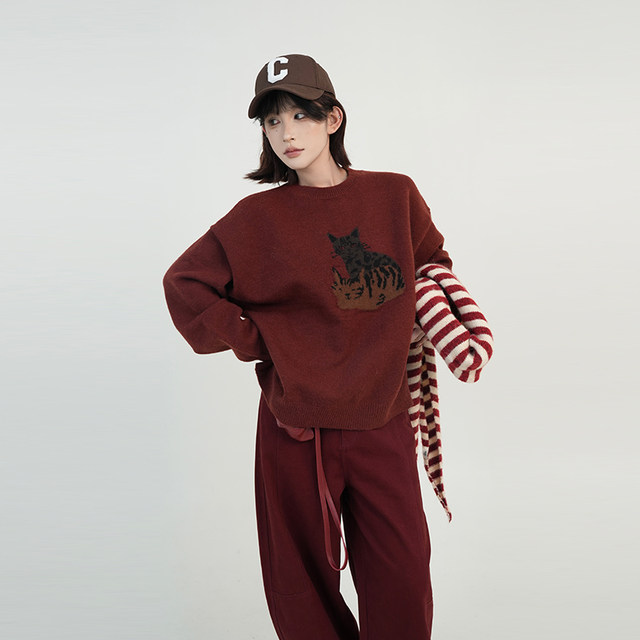 Wu Tongtong's cartoon printing round neck loose long -sleeved sweater female autumn and winter Korean wild slim coat top