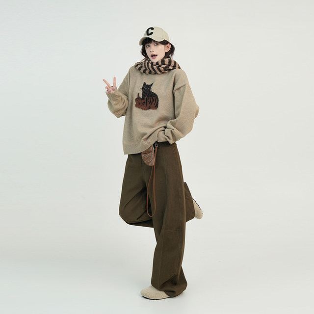 Wu Tongtong's cartoon printing round neck loose long -sleeved sweater female autumn and winter Korean wild slim coat top