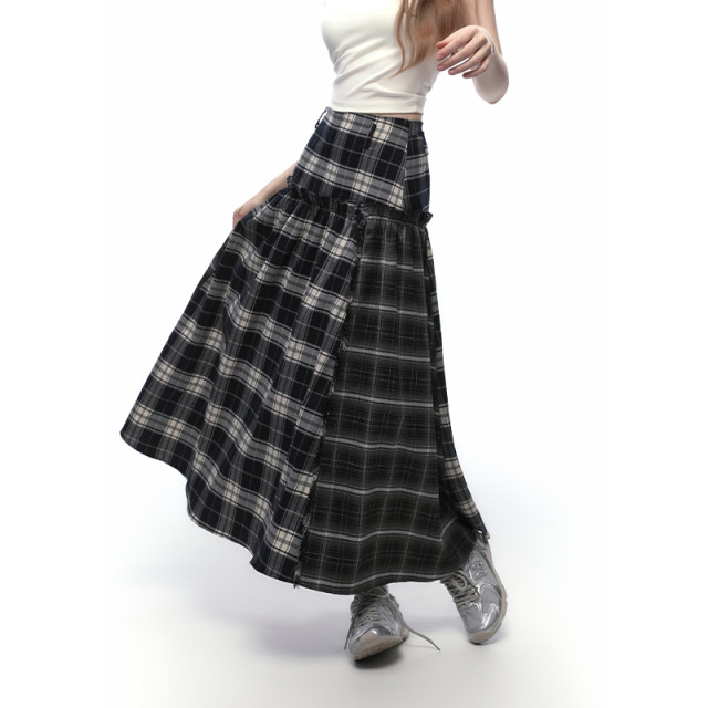 KBLC25 spring and summer retro spliced ​​plaid lotus leaf mid-length skirt fairy looking tall and slim half-body long skirt for women