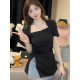 Large size fat mm pure desire square neck short-sleeved T-shirt for women 2025 summer new style slim and versatile irregular hot girl style