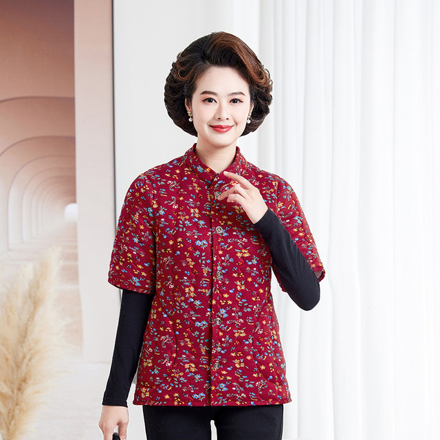 Middle-aged and elderly mothers half-sleeved shoulder pads and back protectors women's vest autumn and winter clothing plus velvet thickened cotton coat mid-sleeve floral cotton-padded jacket