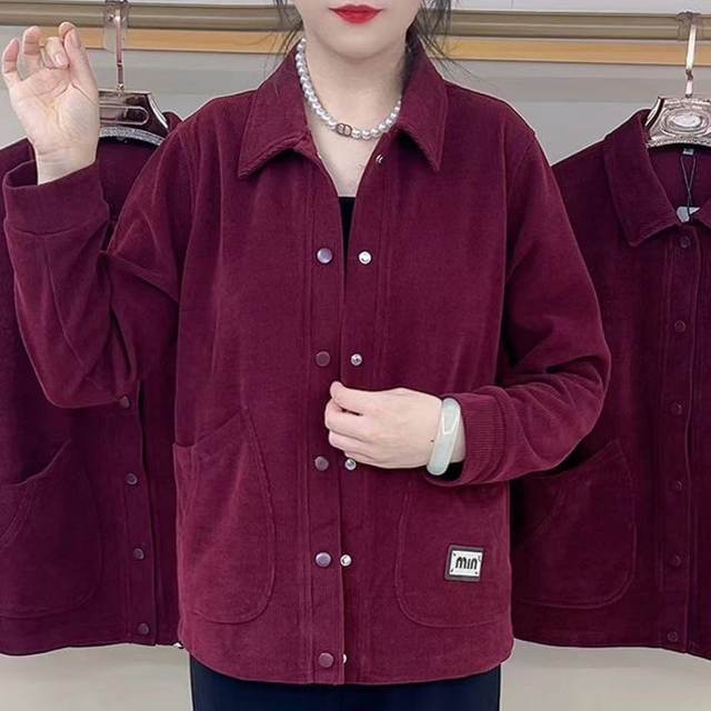 New autumn loose casual versatile solid color corduroy jacket middle-aged mother dress long-sleeved top large-size cardigan