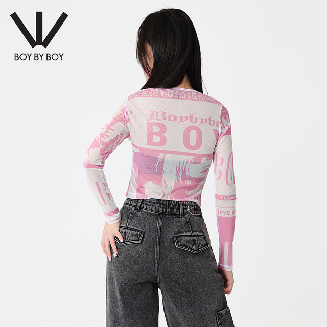 BOY BY BOY trendy brand women's spring and summer mesh long sleeve European and American style printed slim sexy top T-shirt