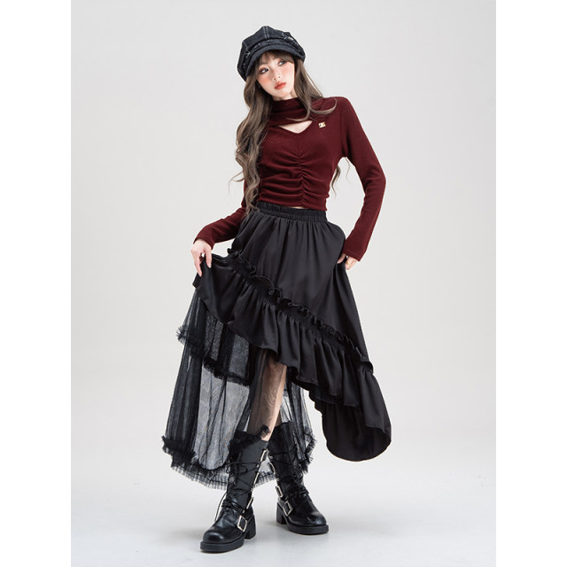Pubang people irregular spliced ​​mesh skirt for women 2025 summer new design high waist mid-length skirt