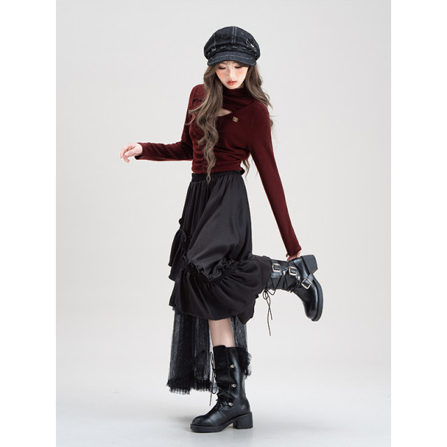 Pubang people irregular spliced ​​mesh skirt for women 2025 summer new design high waist mid-length skirt
