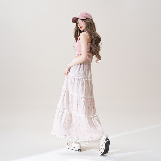 Elastic high waist loose slim skirt for women in summer new sweet atmosphere design a line cake midi skirt