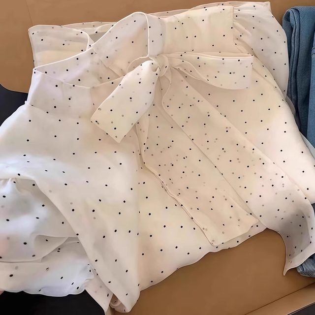 White polka dot bow tie long sleeve shirt shirt for women 2025 new hot summer light luxury high-end top