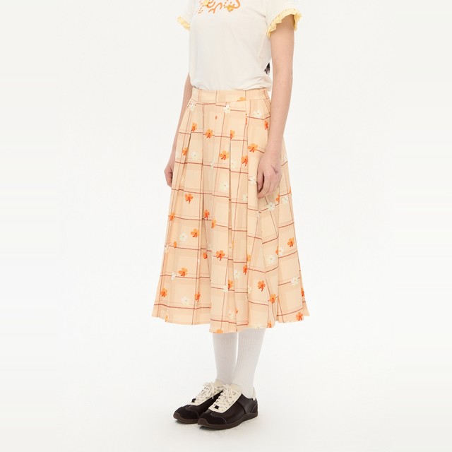 Heris orange flower plaid printed pattern A-shaped large swing press pleated medium-length cover calf college pleated skirt