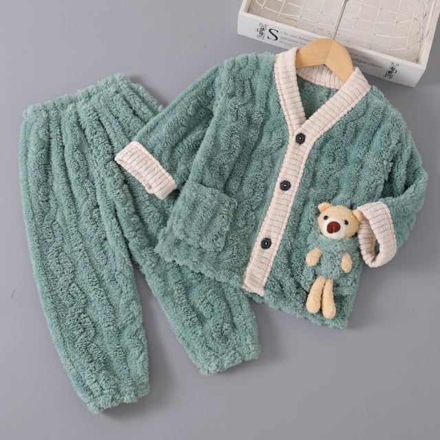 Boys' Coral Fleece Pajamas Autumn and Winter Boys Girls Baby Thickened Winter Suits Children's Flannel Home Clothes