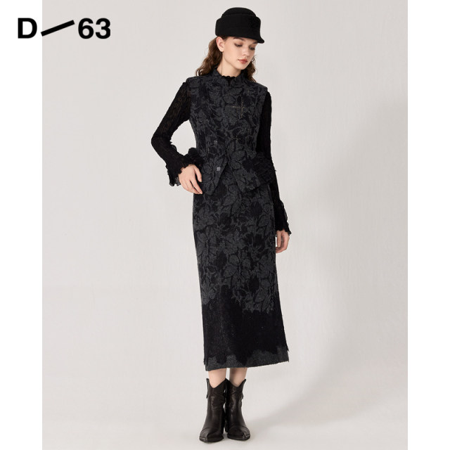 D63 women's winter black retro print new Chinese style high waist mid-length straight skirt 2024 new