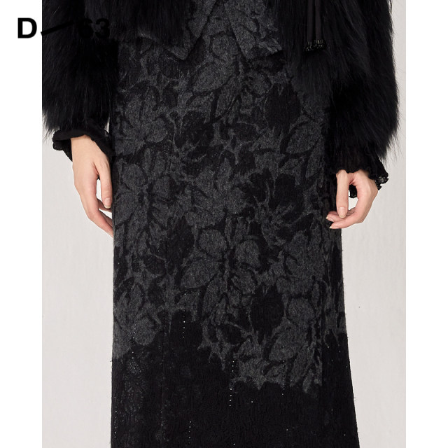 D63 women's winter black retro print new Chinese style high waist mid-length straight skirt 2024 new