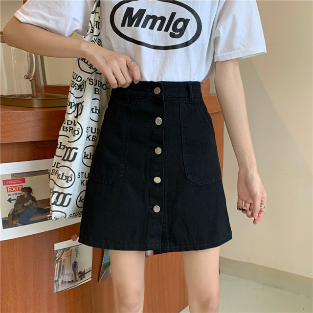 Large size black denim skirt for women in summer fat girl covering her belly and making her look slim straight A-line short skirt anti-exposure skirt pants
