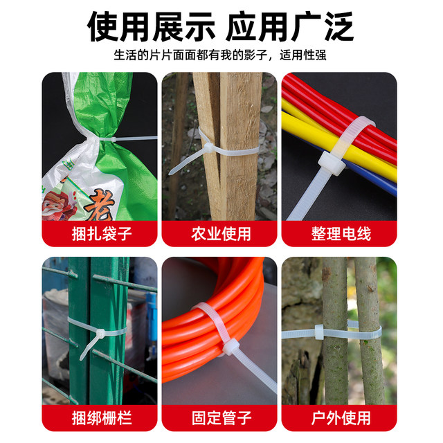 National standard nylon cable ties 4*200 self-locking plastic snap buckle gardening fixing and tying thickened wide harness strap black