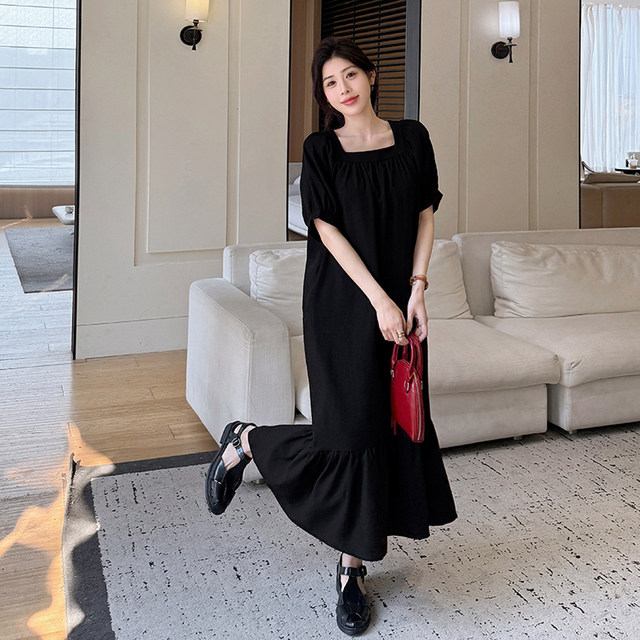 Large size women's vacation style cool and fat girl looks slim and not wrinkled cotton linen square collar summer new loose short-sleeved dress