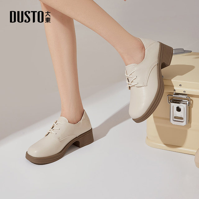 Dadong Oxford Women's Shoes 2025 Autumn New Fashionable Coarse Heel Medium Heel Round Head Lace Solid Color Q0013