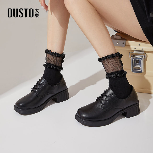 Dadong Oxford Women's Shoes 2025 Autumn New Fashionable Coarse Heel Medium Heel Round Head Lace Solid Color Q0013