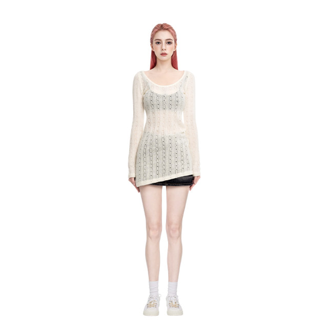BM sweater women's 2025 new winter round neck hollow pure and sexy hot girl slim and long sleeve knitted base shirt
